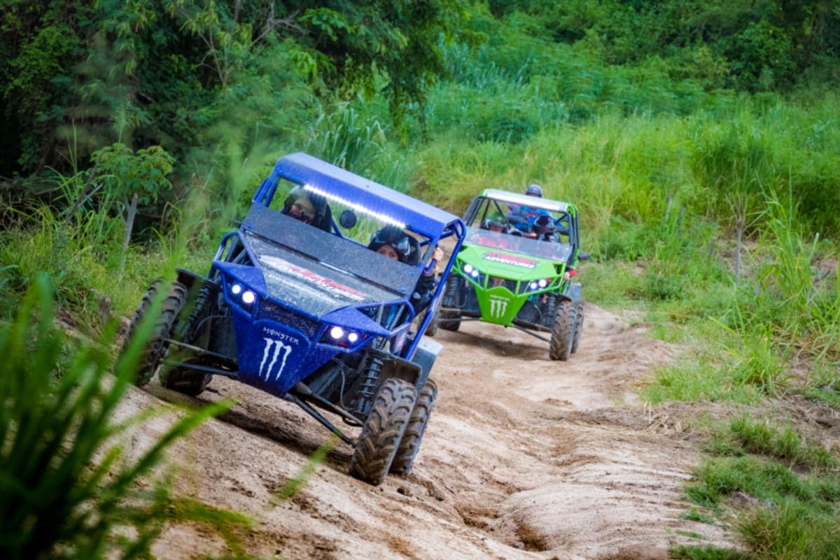 Two buggies racing down a jungle trail
